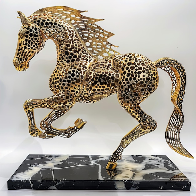 een gouden paard staat op een zwart platform met een zwarte en witte marmeren basis