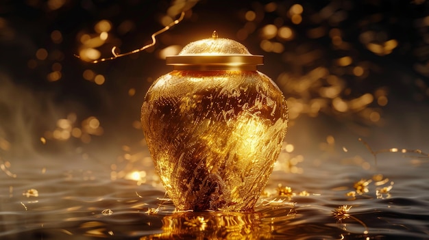 Foto een gouden pot in een triomf van vloeibaar goud gegenereerd door ai