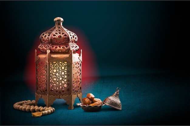 Een gouden Ramadan lamp met islamitische rozenkrans