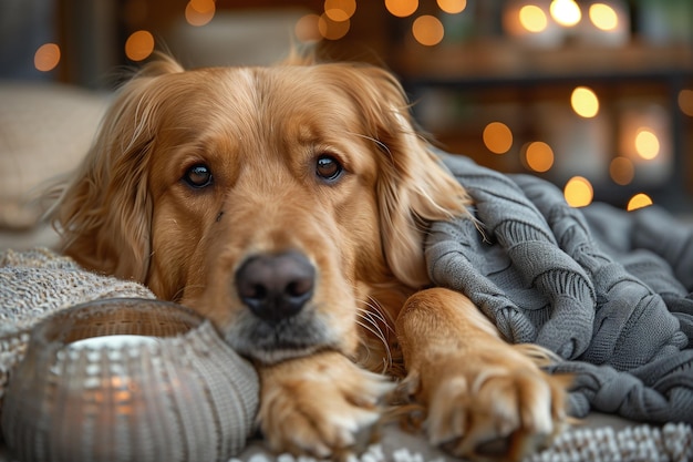 Een gouden retriever hond die op een bank ligt met een gezellige deken om zijn lichaam gewikkeld