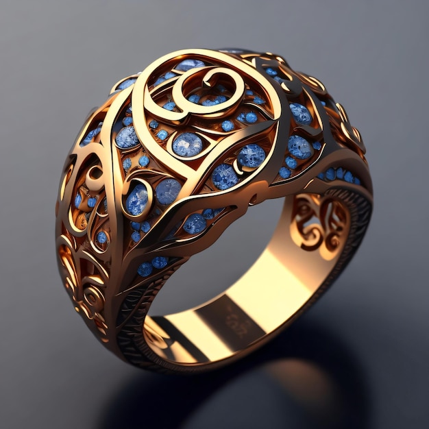 Een gouden ring met blauwe stenen en een hartje aan de zijkant.