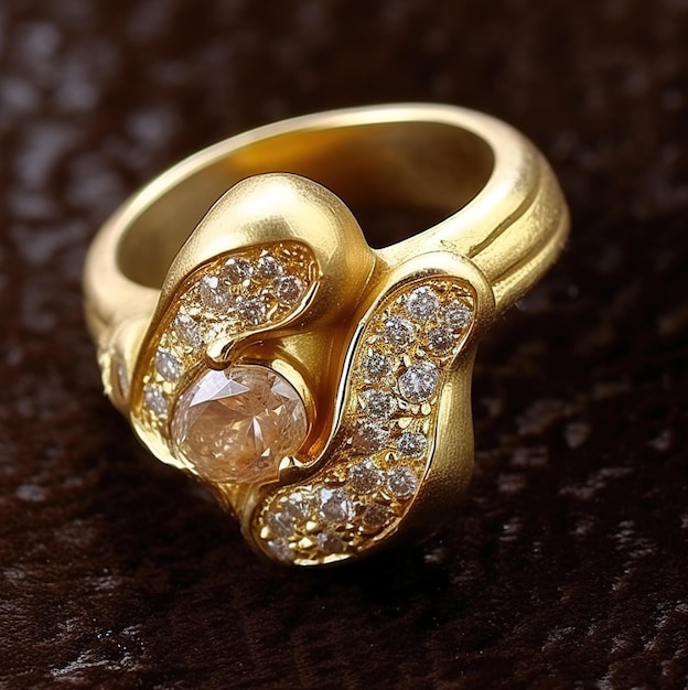 een gouden ring met een diamant en diamanten erop.