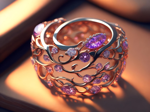 Een gouden ring met roze stenen staat op een bruine ondergrond.