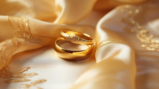 Een gouden ring op zijden achtergrond met gouden trouwband