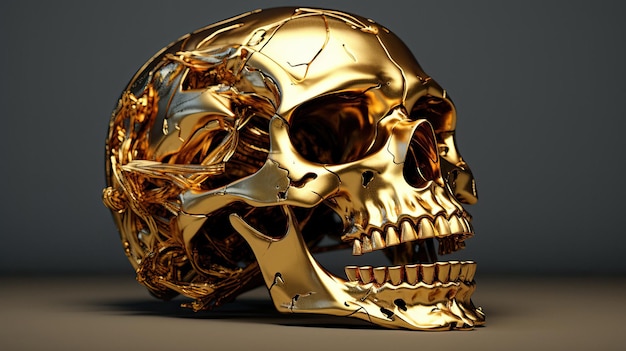 een gouden schedel met een zilveren ketting eraan