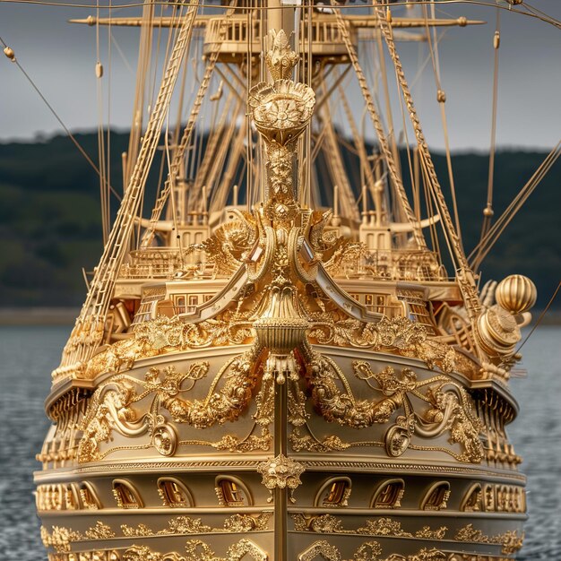 Foto een gouden schip is aangemeerd in het water met de woorden schip op de bodem