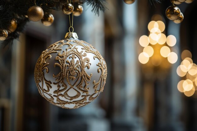 Foto een gouden sieraad die aan een kerstboom hangt.