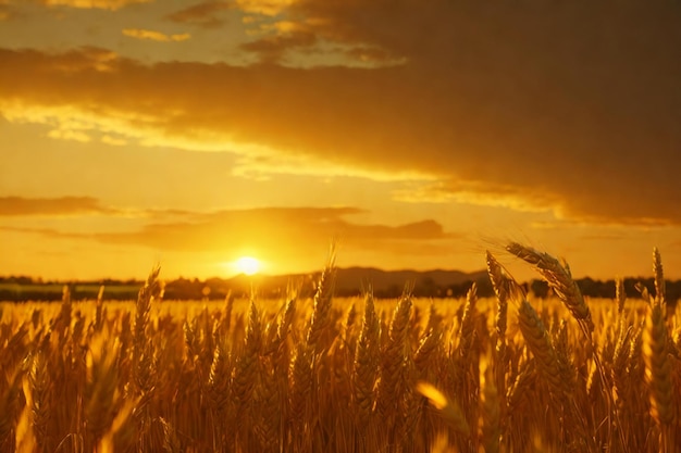 een gouden tarweveld op het platteland bij zonsondergang