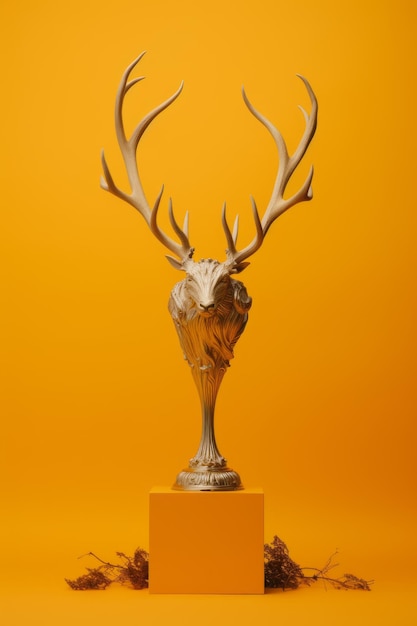 een gouden trofee met een hertenkop erop