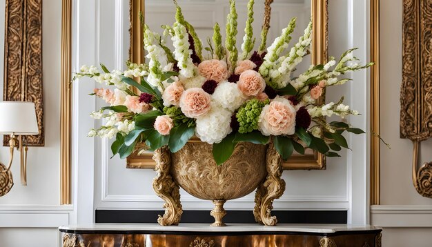 Foto een gouden vaas met bloemen erop en een gouden frame