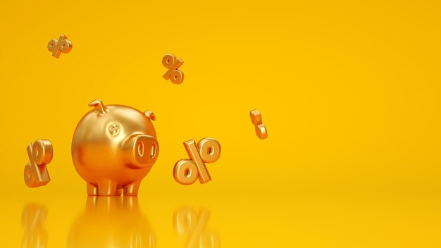 Een gouden varken waarrond percentagepictogrammen vliegen 3D-rendering