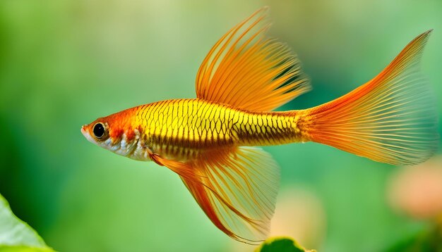 een gouden vis met een rode staart kijkt op naar de camera