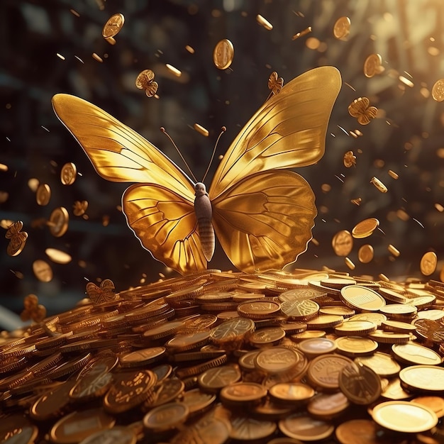 Een gouden vlinder zit op een stapel gouden munten met een gouden vlinder erop.