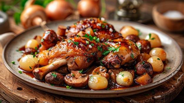 Een gourmet bord Coq au Vin met paddenstoelen en parel ui