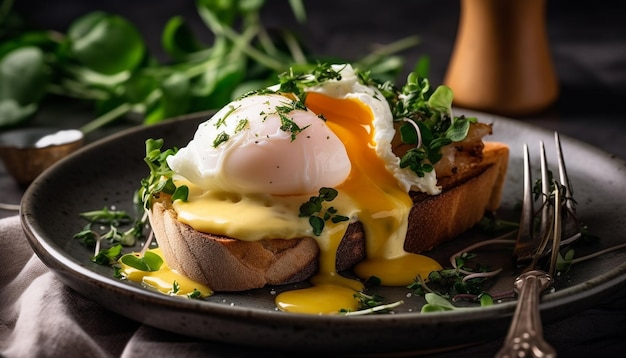 Een gourmet brunch bord met geroosterd brood gepocheerd ei en spek gegenereerd door AI