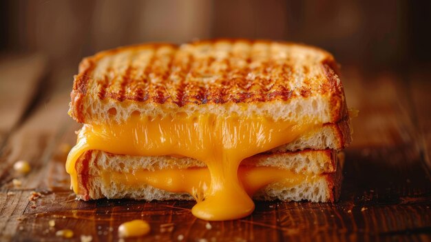 Een gourmet grilled cheese sandwich met kaas die uitloopt