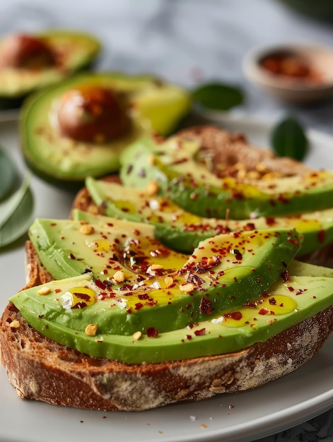 Een gourmet versie van avocado toast met een overvloedige druppel extra vergine olijfolie en een vleugje exotische specerijen voor een verrijkt smaakprofiel