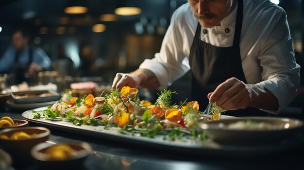 Een gourmetgerecht dat wordt gemaakt in de keuken van een fijn restaurant xmas dag Generatieve AI