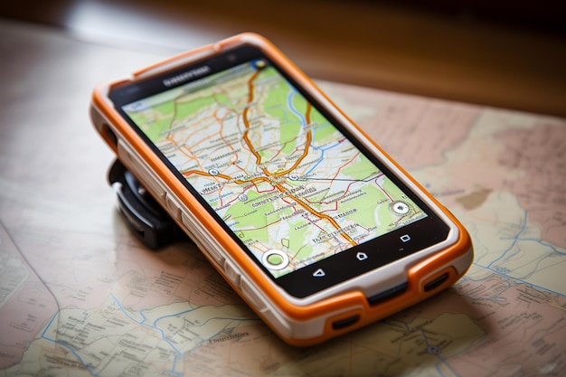 Foto een gps-apparaat dat een kaart met navigatie toont