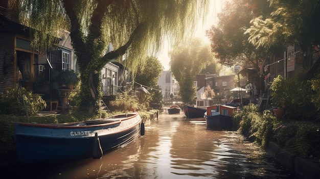 Een gracht met boten en een bord met 'grachtenboot' erop