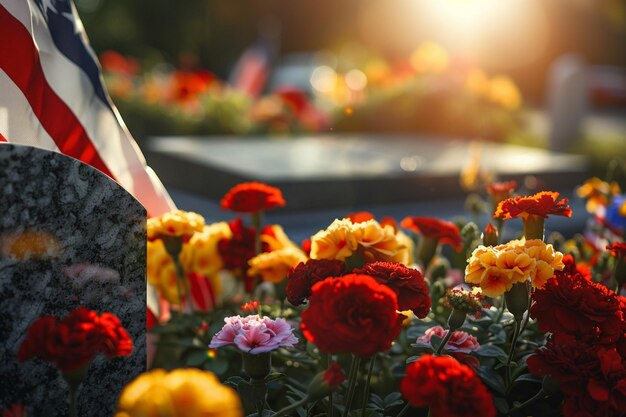 Foto een graf met een amerikaanse vlag en kleurrijke bloemen zijn opvallend in de achtergrond voor memorial day