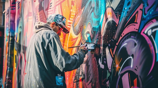 Een graffiti-kunstenaar werkt hard aan een nieuwe muurschildering. Hij draagt een honkbalpet en een zonnebril om zich te beschermen tegen de zon.