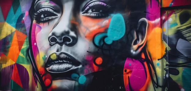 Een graffitikunstwerk met het gezicht van een vrouw erop