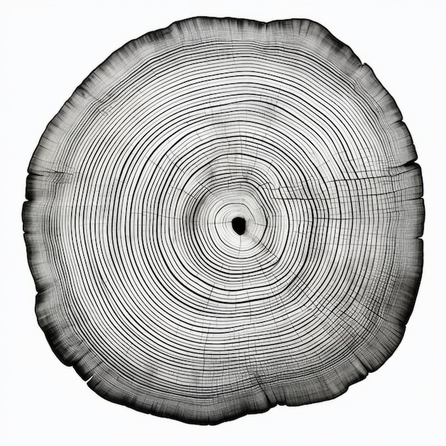 Een grafische afdruk van ongelijke zwarte boomringen golvende ruimte tussen enkele ringen op witte achtergrond