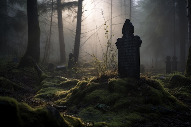 een grafsteen ligt midden in een bos