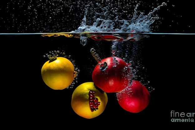 Een granaatappel valt in het water.