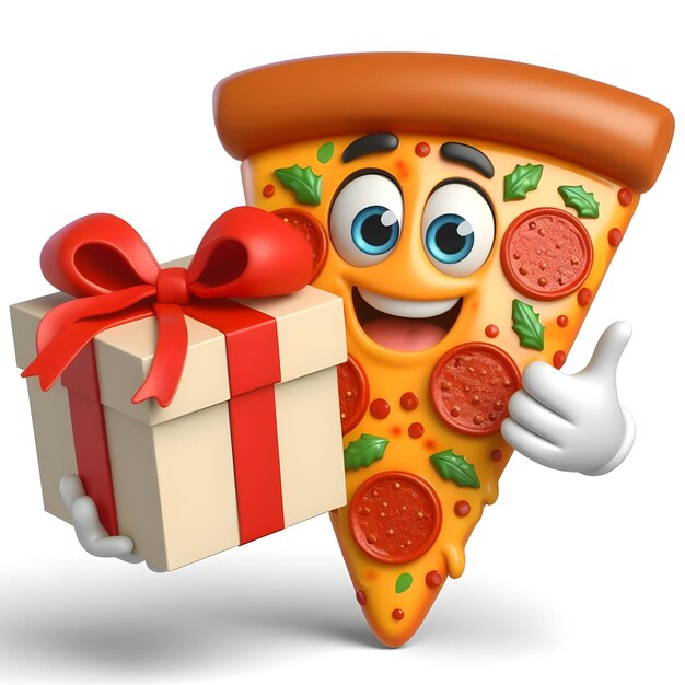 Foto een grappige 3d-snijd van pizza cartoon mascotte met een geschenkdoos