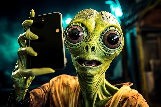 Een grappige groene buitenaardse met grote ogen maakt een selfie.