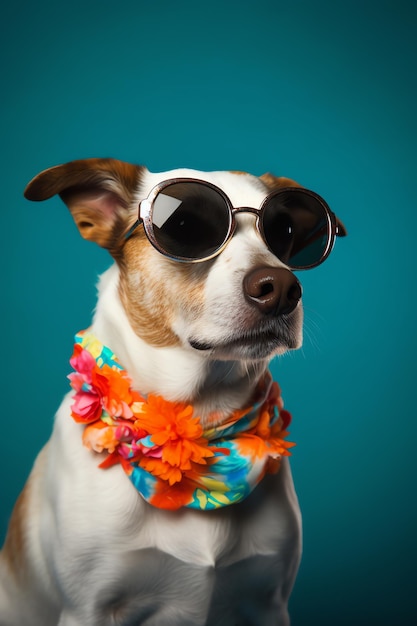 Een grappige hond gekleed zonnebril op de gele of verhelderende achtergrond Zomervakantie concept