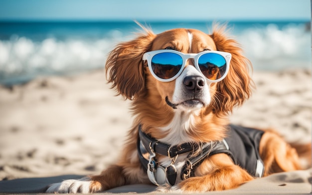 Een grappige hond met modieuze zonnebril ligt op het strand.