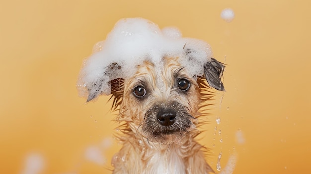 Een grappige puppy staart door een gescheurd gat in een levendige pastelkleurige papieren achtergrond