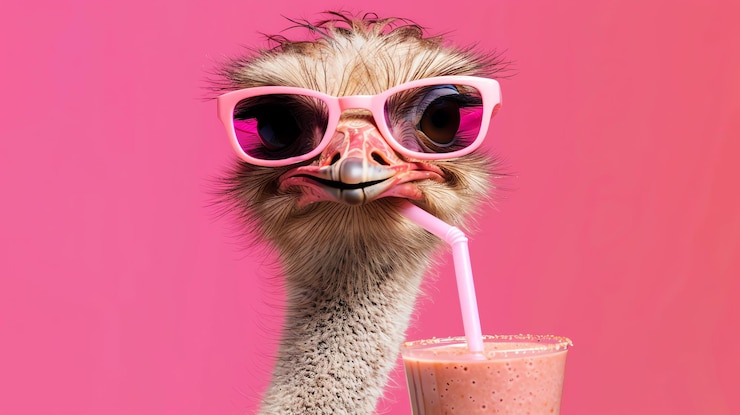 Foto een grappige struisvogel met een zonnebril drinkt een roze smoothie door een rietje.
