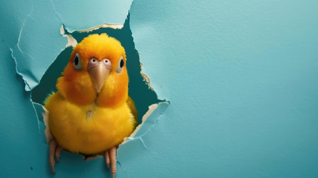 Een grappige vogel staart door een gescheurd gat in een levendige pastelkleurige papieren achtergrond