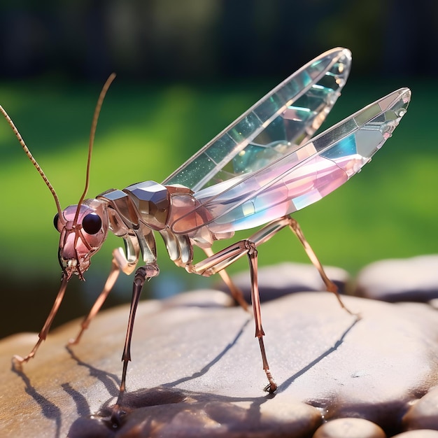 Een grasshopper-achtig insect met een doorzichtig kristallichaam