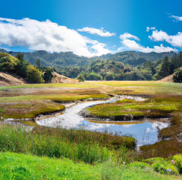 Een grasveld met bergen op de achtergrond en een rivier in de verte.