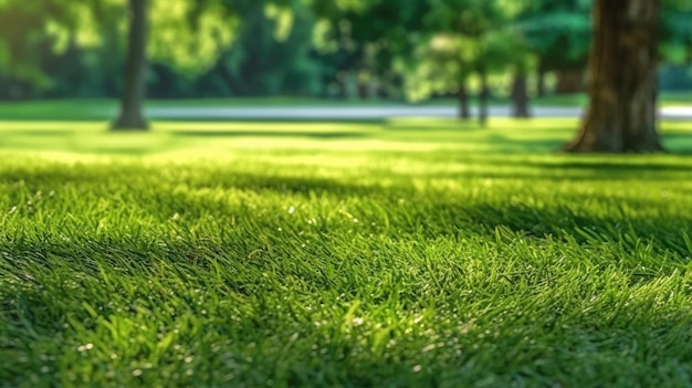 Een grasveld met bomen op de achtergrond