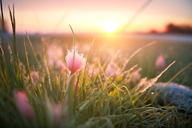 Een grasveld met daarachter de ondergaande zon