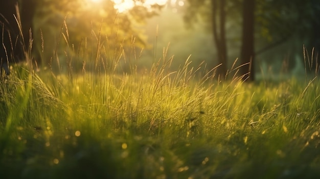 Een grasveld met de zon die door de bomen schijnt