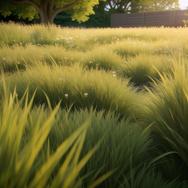 Een grasveld met een boom op de achtergrond