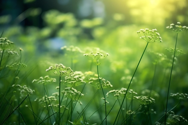 Een grasveld met een groene achtergrond en een groen bloemenveld.