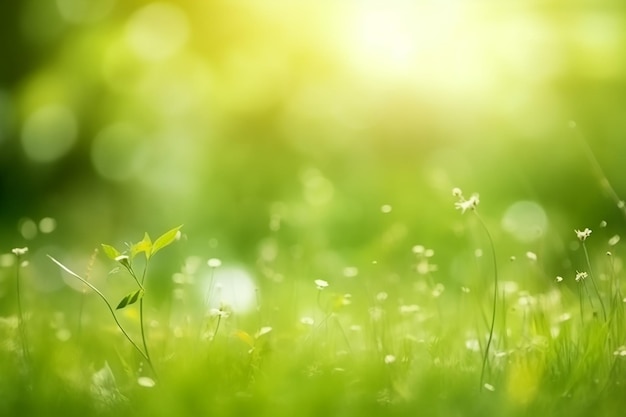 Een grasveld met een groene achtergrond en een paar kleine bloemen.