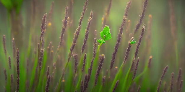 Een grasveld met een groene plant op de voorgrond