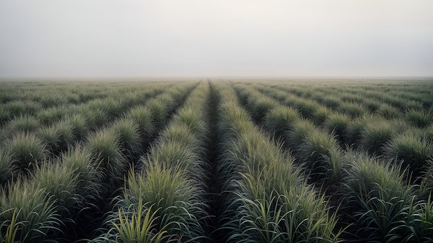 Een grasveld met rijen hoog gras dat zich in de verte uitstrekt, gehuld in een deken van mist
