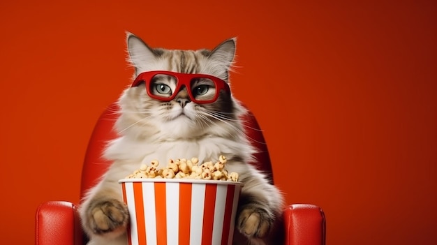 een gratis foto van een kat die popcorn eet terwijl hij naar een film kijkt