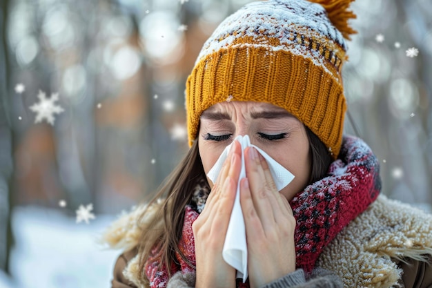Foto een griepzieke man blaast haar neus in een zakdoek.