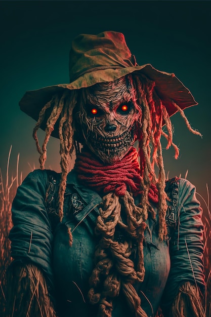 Een griezelig Halloween Scarecrow-personage met een hol gezicht en klassieke kostuums met een heksenhoed erop
